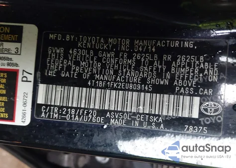 2014 Toyota Camry Se из США, поврежденный, VIN 4T1BF1FK2EU809145